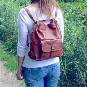Cognac Italian Leather Convertible Backpack Hobo Bag